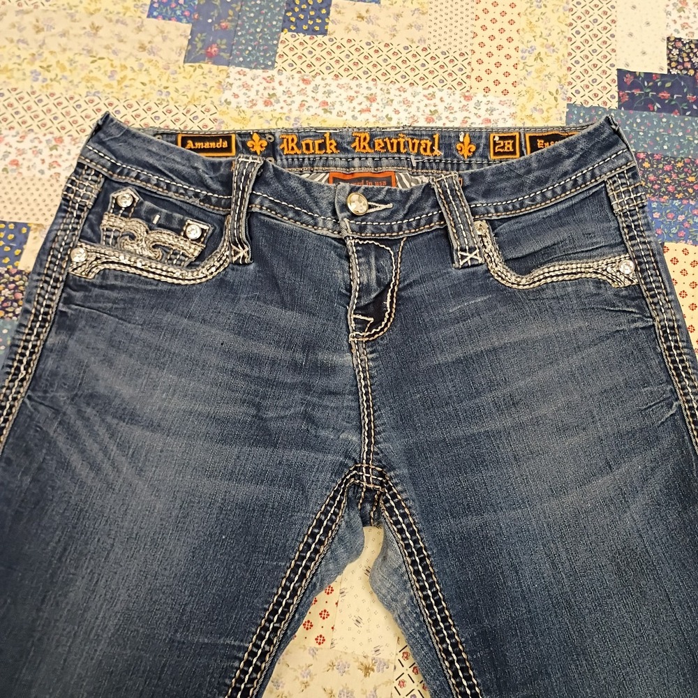 * Rock Revival Amanda Easy Boot Leg Jeans Size 28 Blue Studded Embroidered